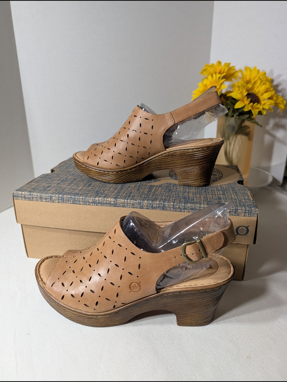 BORN Tan Leather Perforated Wedge Sandals - Picture 6 of 12